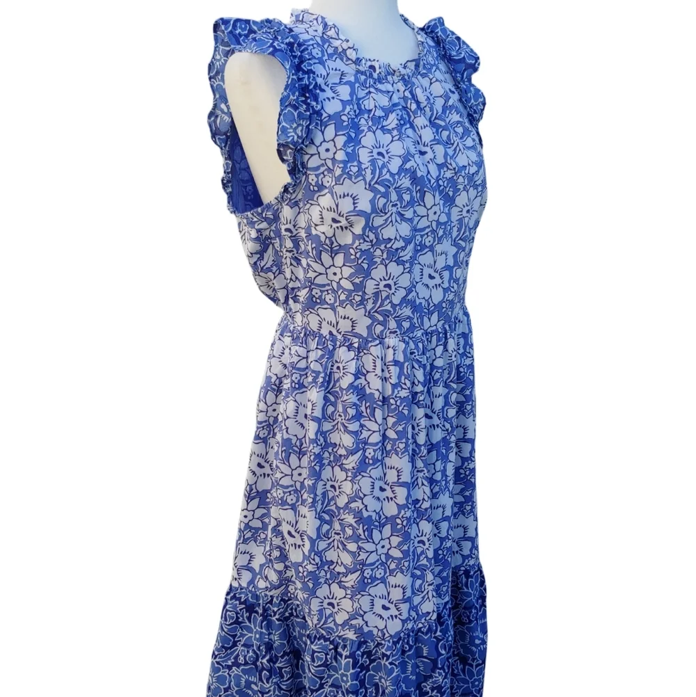 J. Crew Cotton Tiered Ruffle Midi Dress Blue Floral Women's size 10 - Picture 13 of 17